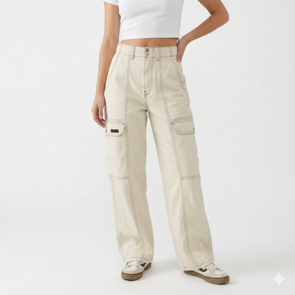 BDG Urban Outfitters Cream Cargo Pants Contrast Stitch High Rise Straight Sz 25